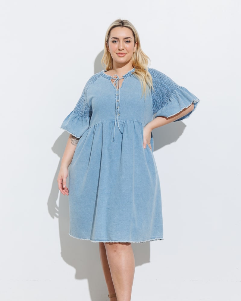 Front of a model wearing a size 2X Denim V-Neck Midi Dress in DENIM by Polagram. | dia_product_style_image_id:274759